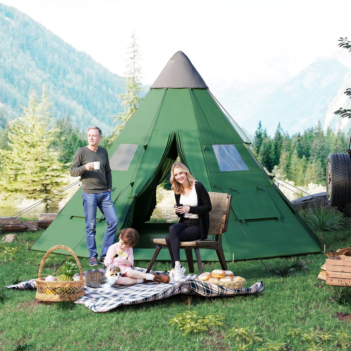 Outsunny 6 Men Tipi Tent with Carry Bag - Green