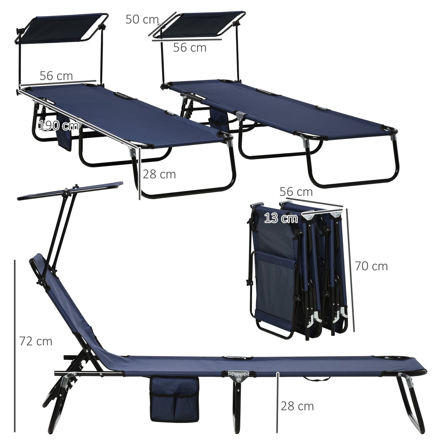 Outsunny 2 Piece Folding Sun Loungers with Canopy, Adjustable Recliner Garden Chairs with Side Pocket, Steel Frame and Breathable Mesh for Outdoor, Pool, Beach, Garden, Dark Blue