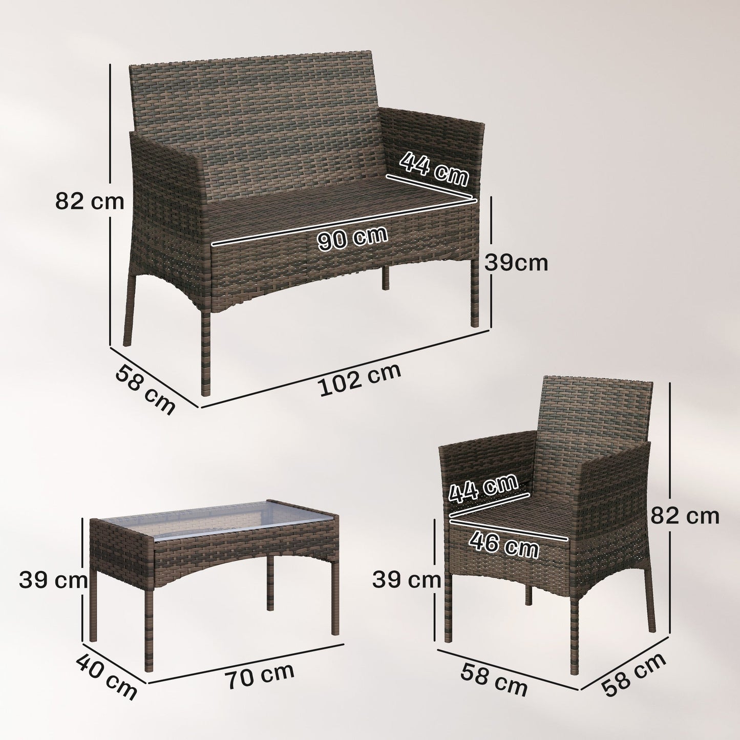 Outsunny 4 Piece Rattan Garden Furniture Sofa Set with Loveseat, Armchairs, Glass-Top Coffee Table and Cushions, Brown