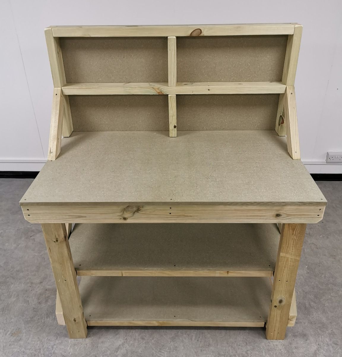 Wooden Workbench 18Mm UniMdf Moisture Resistant Top With Back Panel And Double Shelf