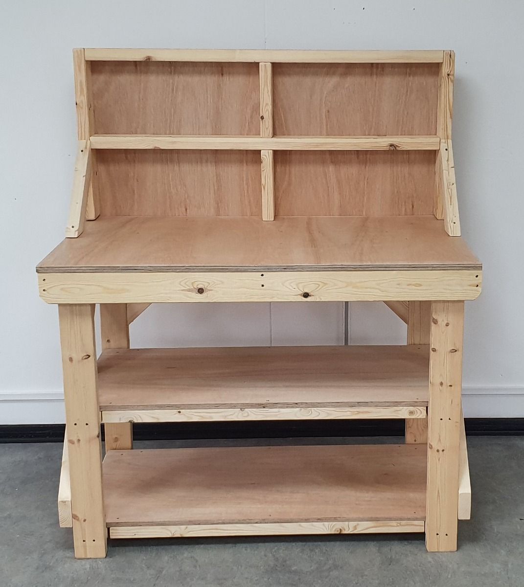 Wooden Workbench 18mm Eucalyptus Hardwood Top With Back Panel And Double Shelf