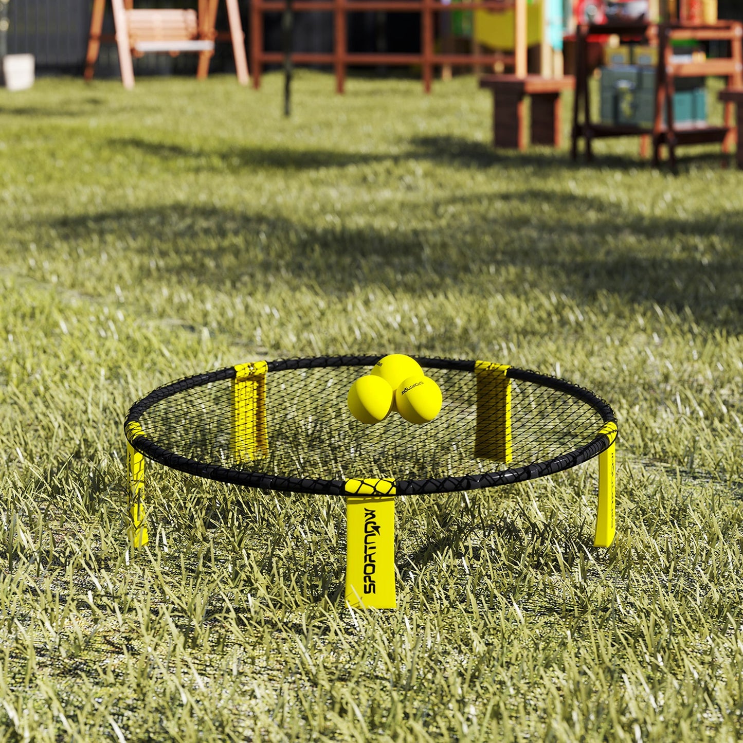 SPORTNOW Spike Ball Set, Mini Beach Games Set with Net, 3 Balls and Ball Pump, Portable with Carrying Bag for Outdoor Team Sports, Yellow