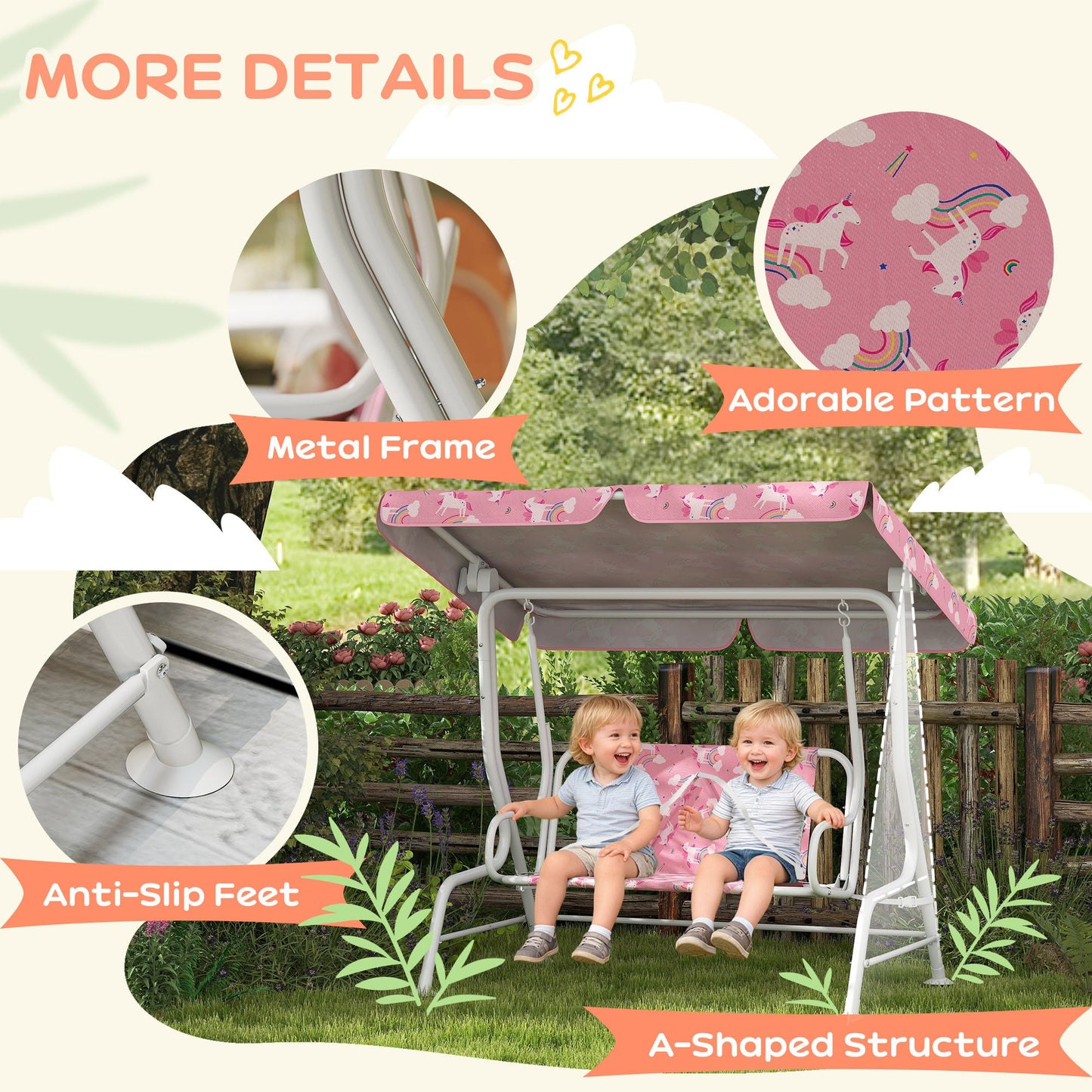 AIYAPLAY Kids Porch Swing, 2-Seater Patio Swing Bench Hammock with Seat Belts, Adjustable Canopy for Garden, Pink