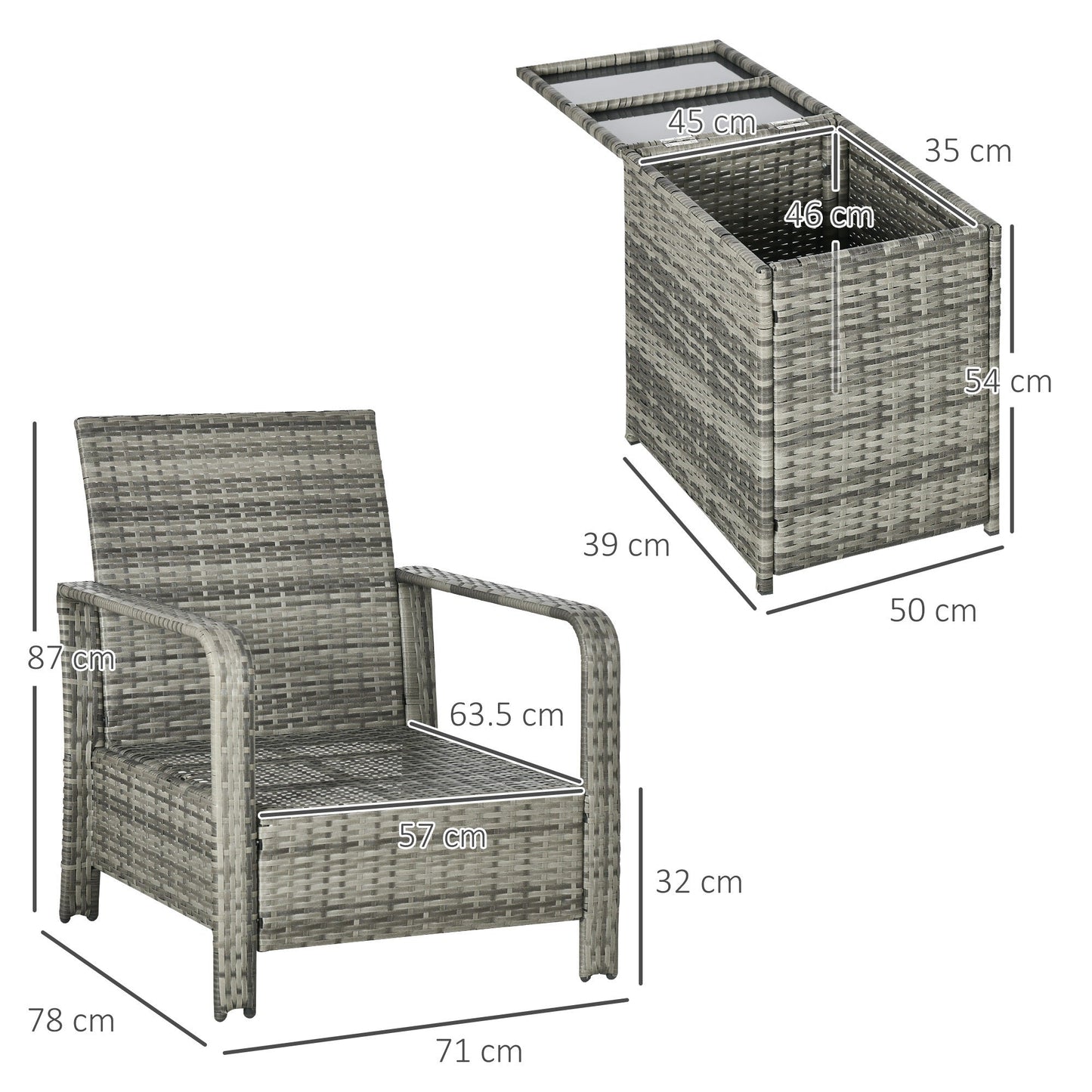 Outsunny 3 Pieces Rattan Bistro Set, Wicker Garden Furniture Set with Storage  Coffee Table and Chairs, Thickened Cushions for Outdoor, Patio, Balcony, Orange
