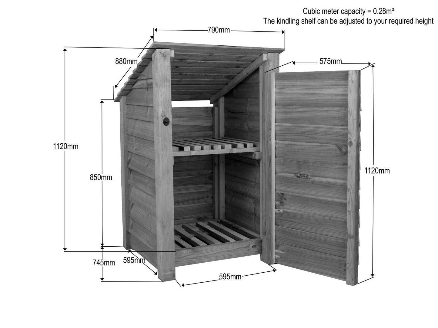 Wooden Log Store with Door and Shelf (Roof Sloping Back) W-79cm, H-126cm or 180cm, D-88cm - Brown Finish