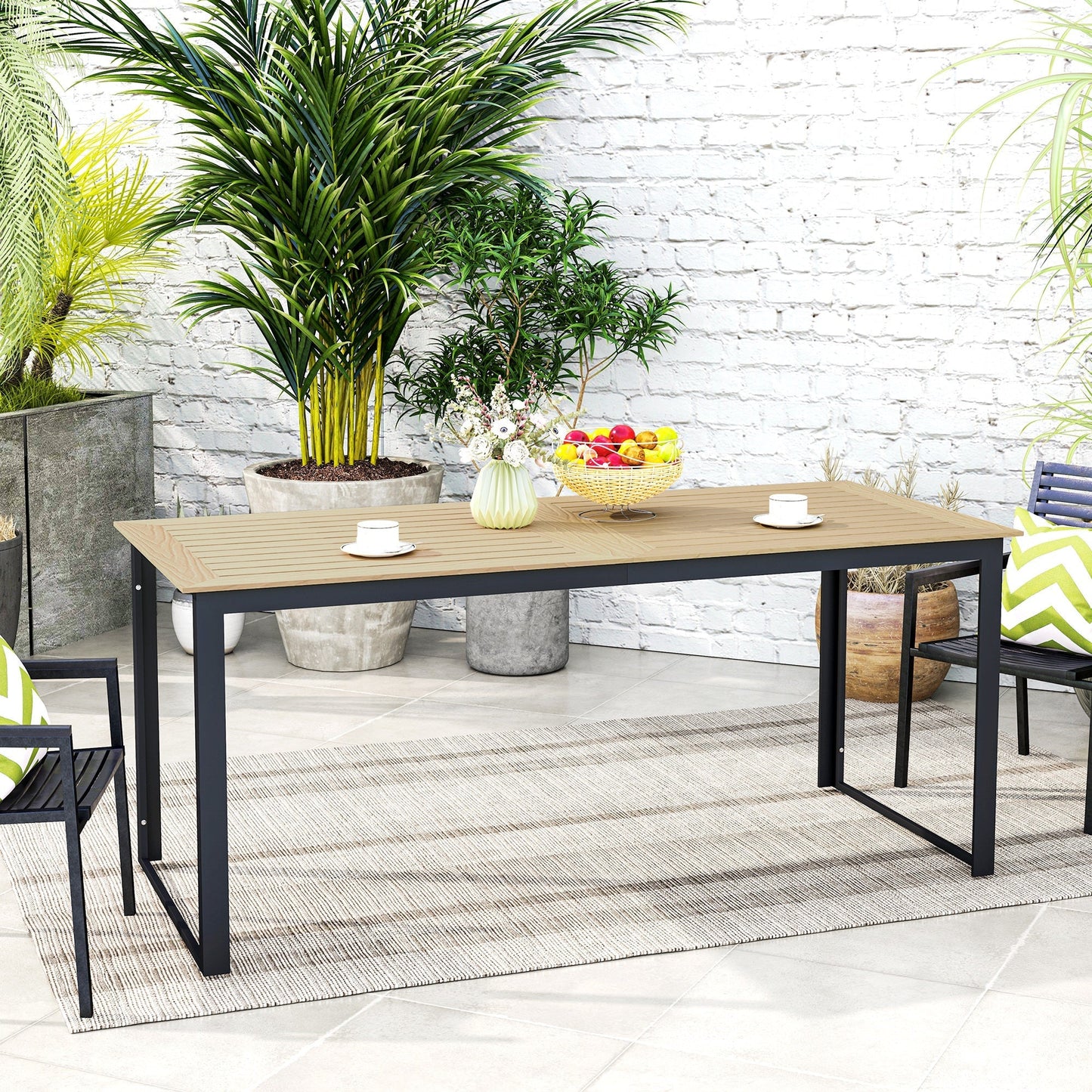 Outsunny Garden Dining Table, 175 x 78 x 75 cm Rectangle Outdoor Table for 6 People with Slatted Table Top, Metal Frame, for Balcony, Deck, Teak