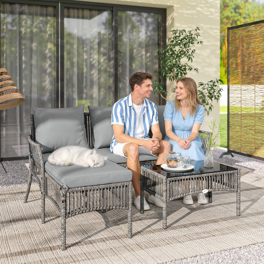 Outsunny 3 Piece Rattan Garden Furniture Corner Sofa Set with Chaise Lounge, Loveseat, Glass Coffee Table, Cushions, Dark Grey