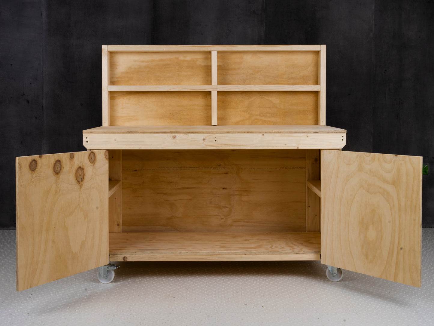 Wooden Plywood Top Workbench With Lockable Cupboard (V.9) With back panel, With Wheels