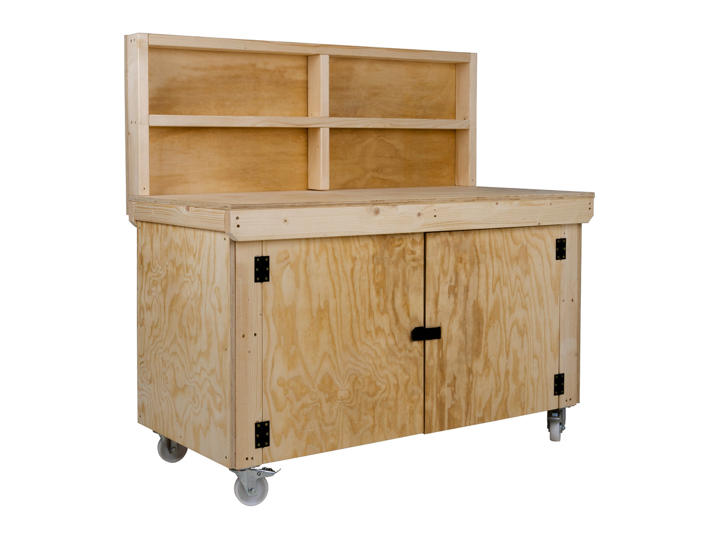 Wooden Plywood Top Workbench With Lockable Cupboard (V.9) With back panel, With Wheels