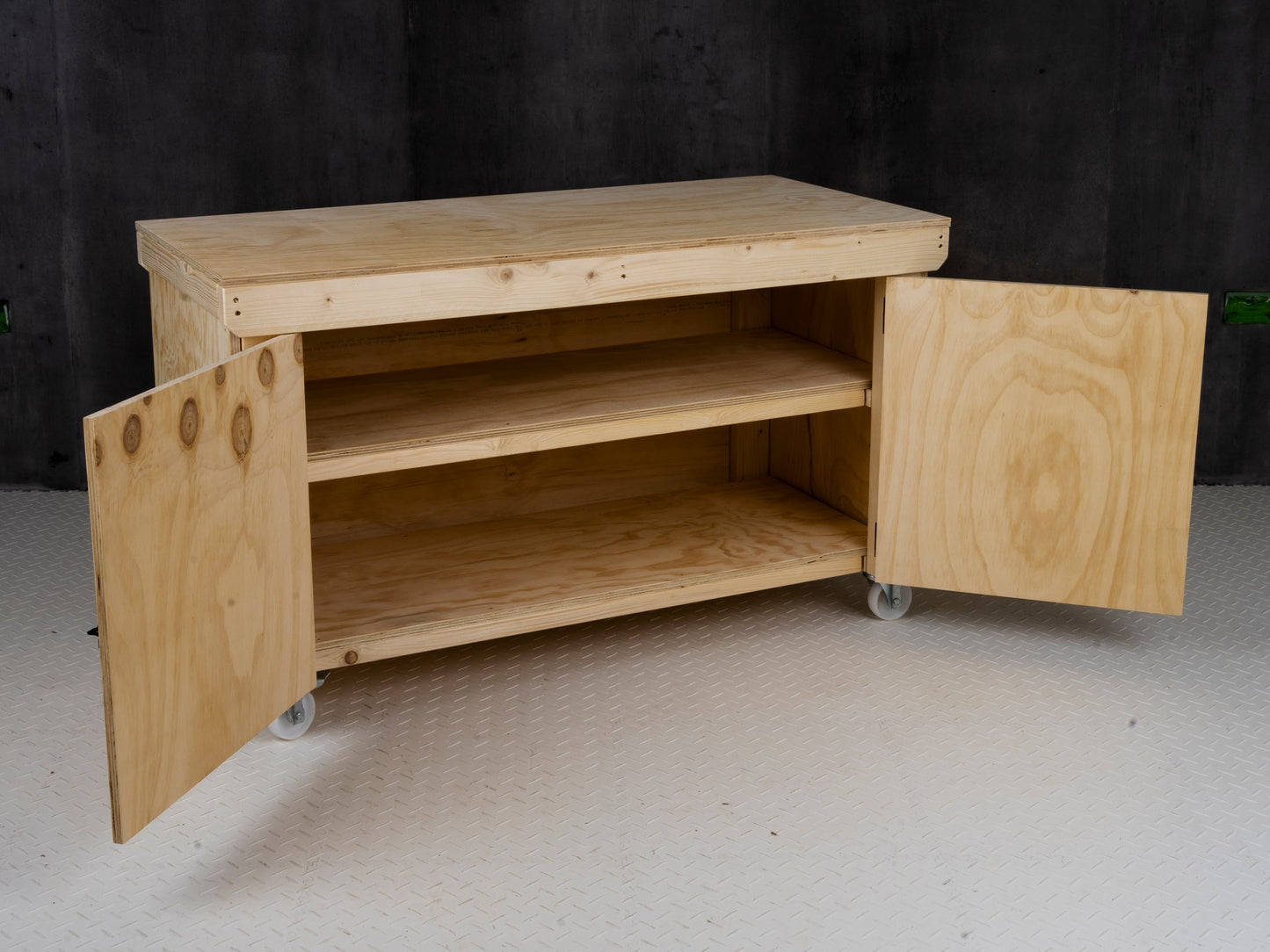 Wooden Plywood Top Workbench With Lockable Cupboard (V.9) With Wheels, Double Shelf