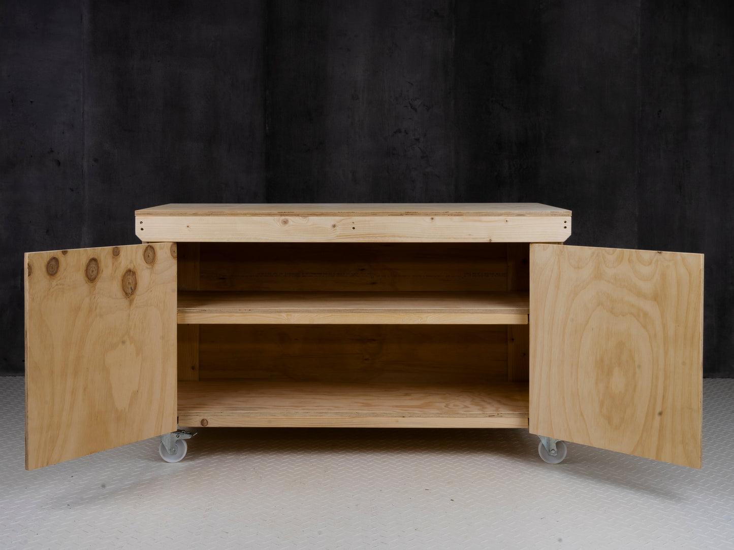 Wooden Plywood Top Workbench With Lockable Cupboard (V.9) With Wheels, Double Shelf