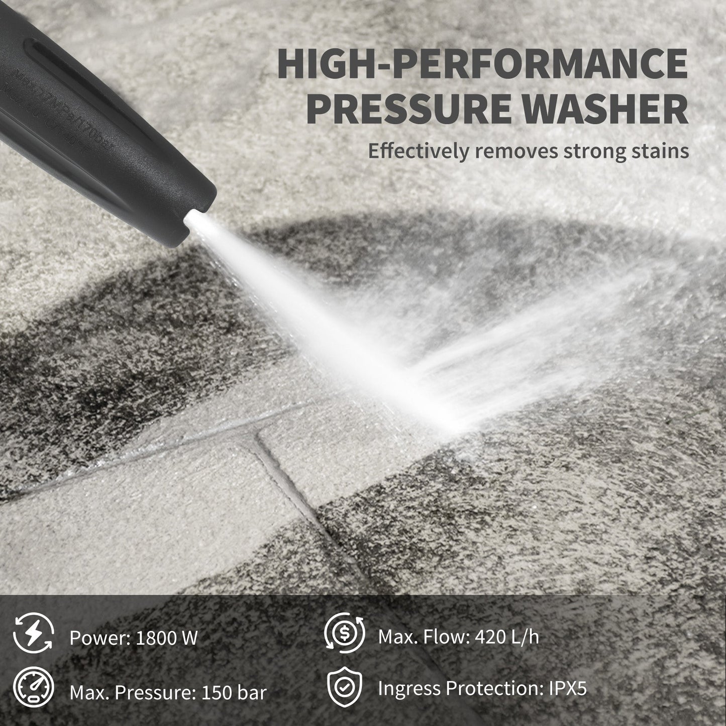 Outsunny 1800W High Pressure Washer, 150 Bar Pressure, 420 L/h Flow, Portable Power Washer Jet Wash Cleaner with Adjustable Nozzle, 6M Hose, Hose Reel, Steel Handle for Home Patio Car Driveway, Blue