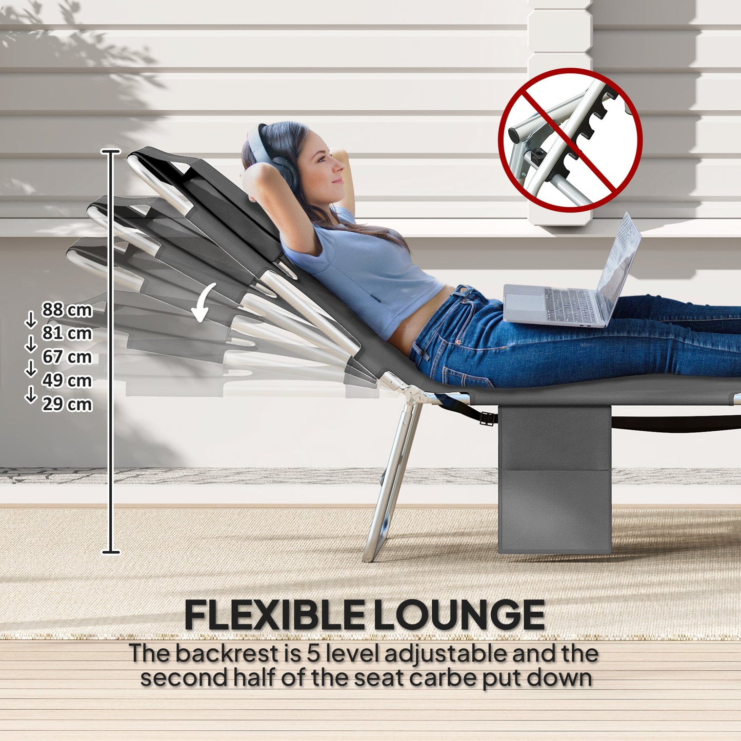 Outsunny Foldable Sun Lounger Set of 2, Beach Chaise Lounge with Reading Hole, Arm Slots, 5-Position Adjustable Backrest, Side Pocket, Pillow for Garden, Beach, Pool, Dark Grey