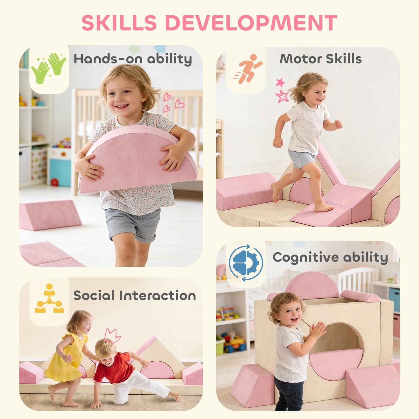 AIYAPLAY Kids Play Sofa, 12 Pieces Foam Modular Soft Play Set for Playroom, Children Convertible Sofa for Boys and Girls, Pink
