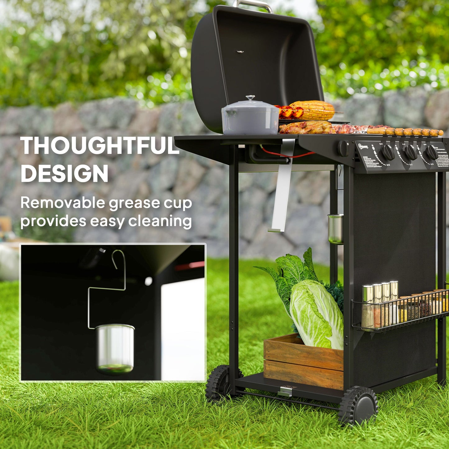 Outsunny 3+1 Burner Gas BBQ Grill, Portable Gas Barbecue Grill with Built-in Thermometer, Lid, Side Table, Shelf, Spice Rack, Wheels, Grease Cup for Garden Party Outdoor Cooking, Black
