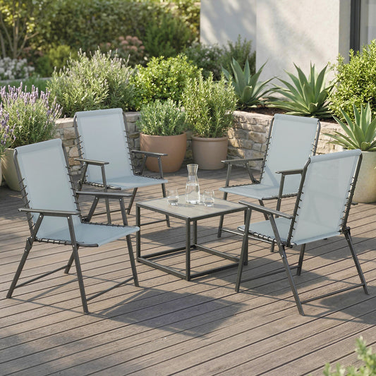 Outsunny Folding Garden Chairs Set of 4, Outdoor Dining Chairs with Wide Texteline Seat, High Back and Armrests, Light Grey