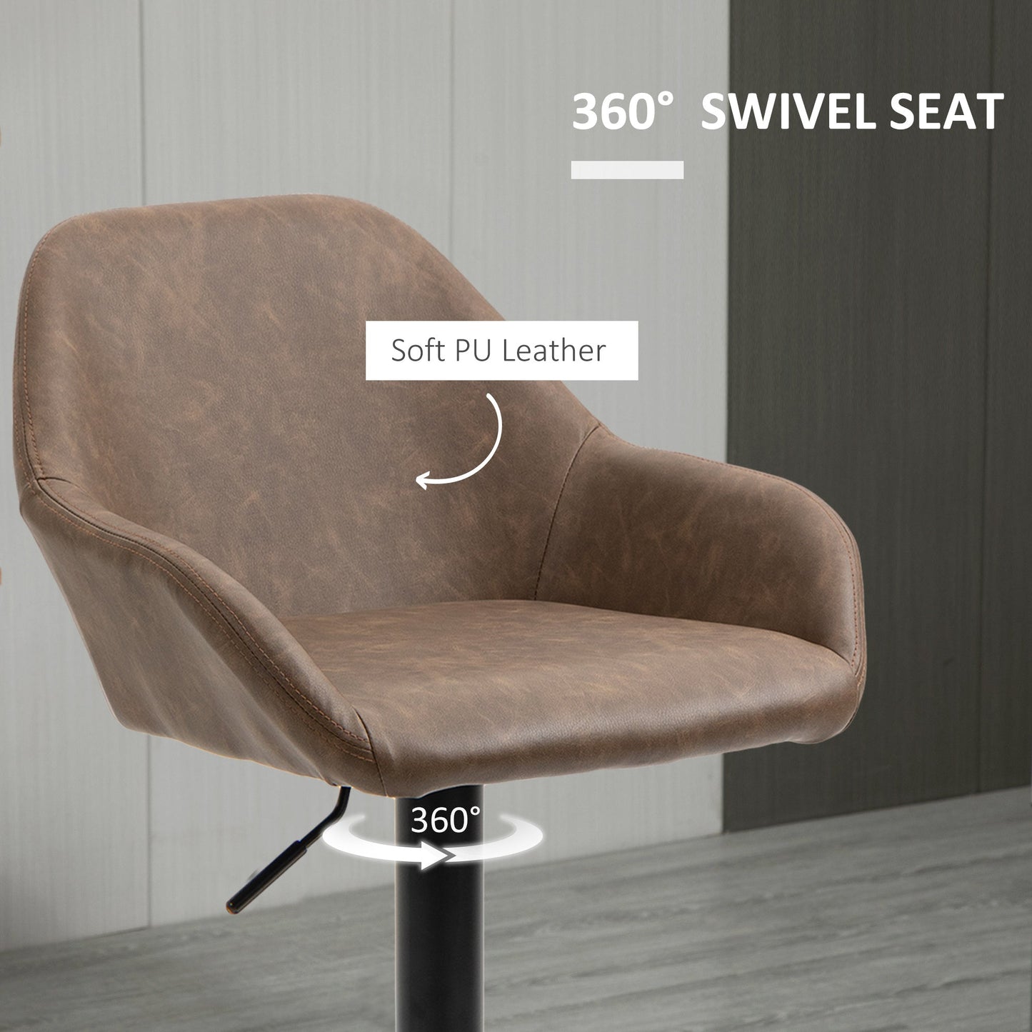 HOMCOM Bar Stools Set of 2, Height Adjustable Swivel Barstools, PU Leather Kitchen Stools with Backs, Armrests and Footrest for Home, Counter and Dining Room, Dark Brown