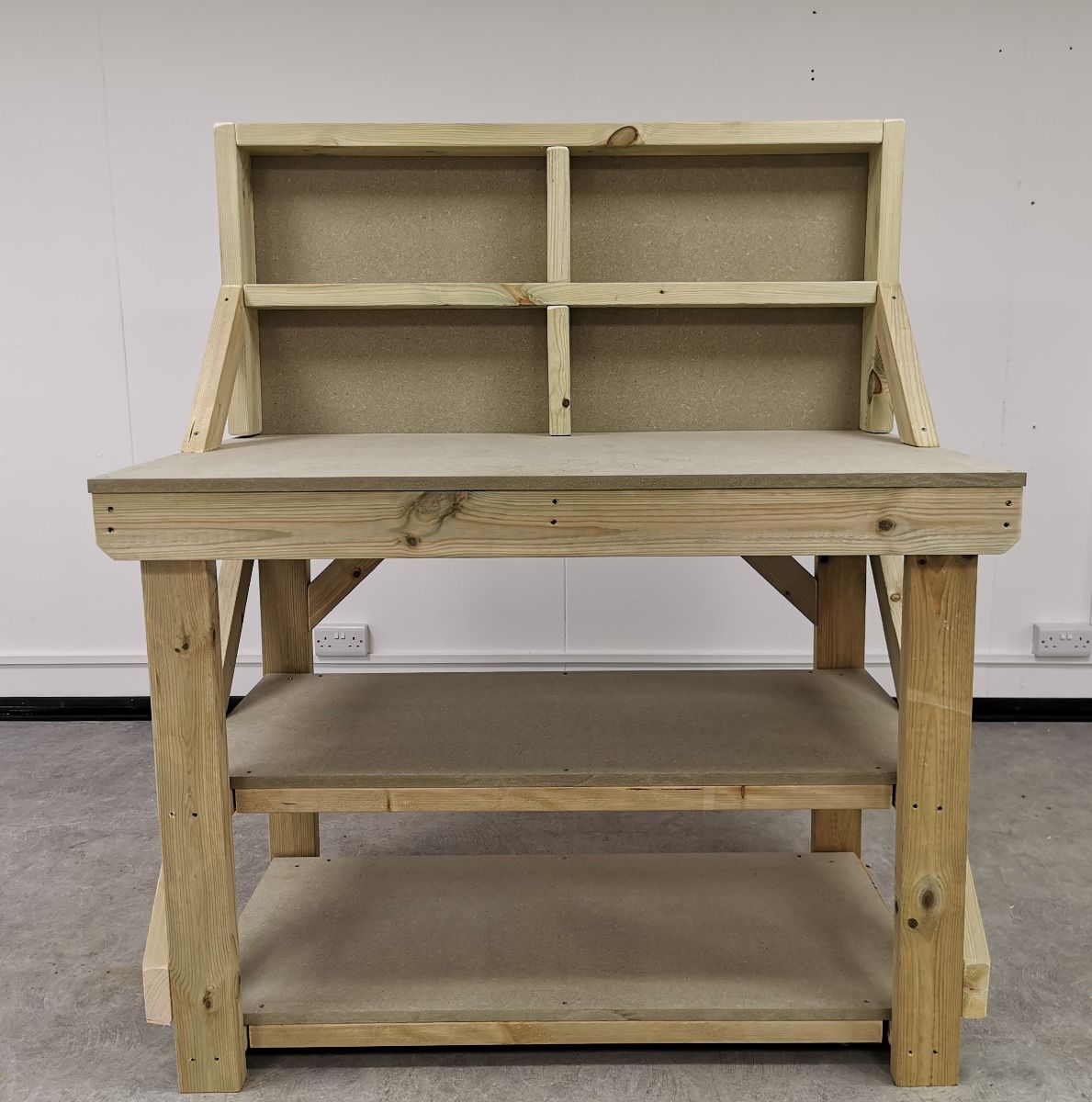 Wooden Workbench 18Mm UniMdf Moisture Resistant Top With Back Panel And Double Shelf