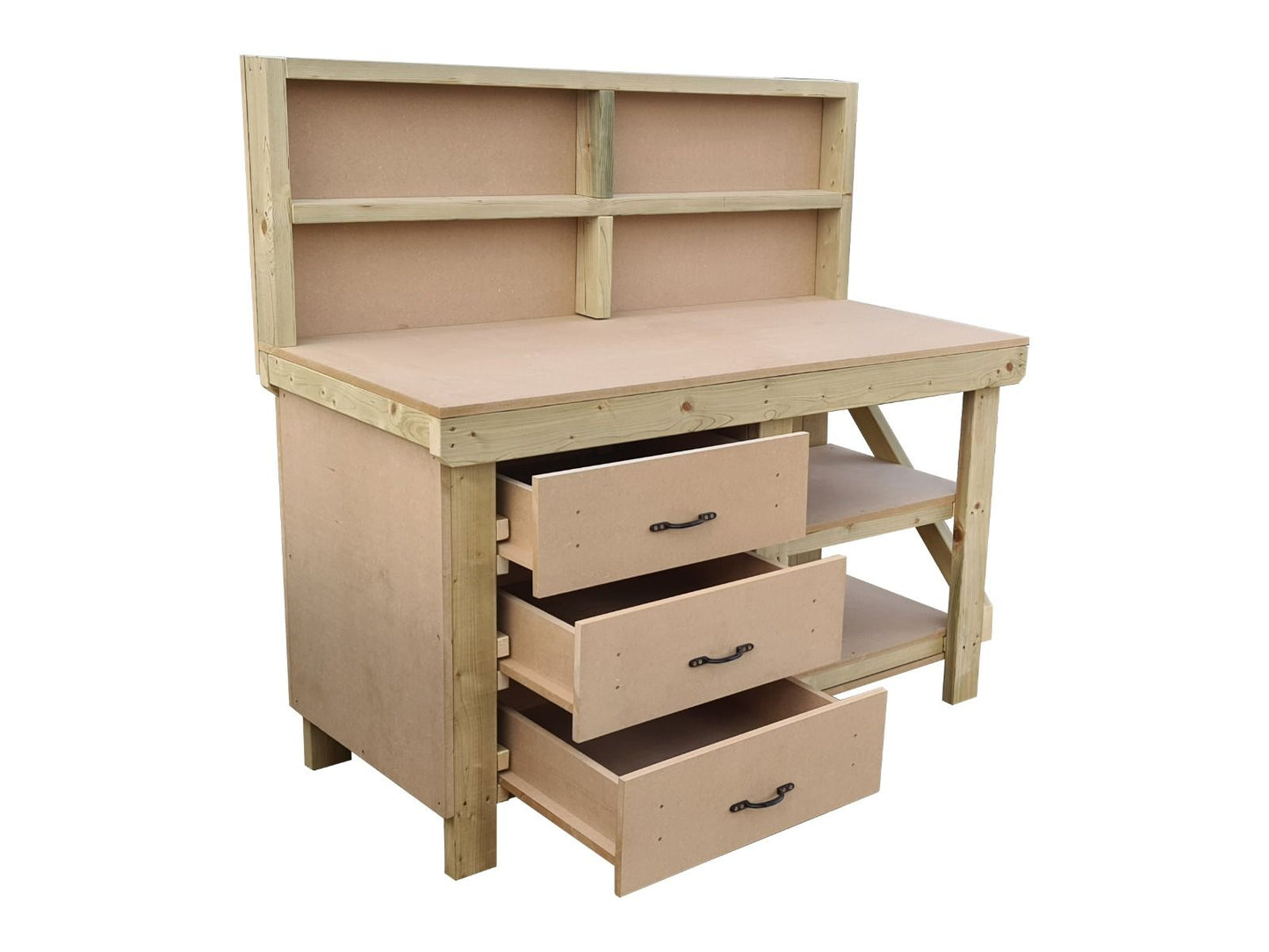 Wooden MDF top tool cabinet workbench with storage shelf (V.7) with back panel and double shelf
