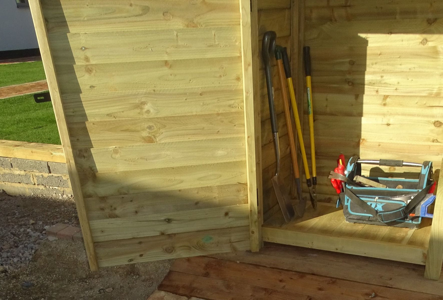 Wooden Garden Tool Storage (Roof Sloping Back) with Shelf W-187cm, H-126cm or 180cm, D-88cm