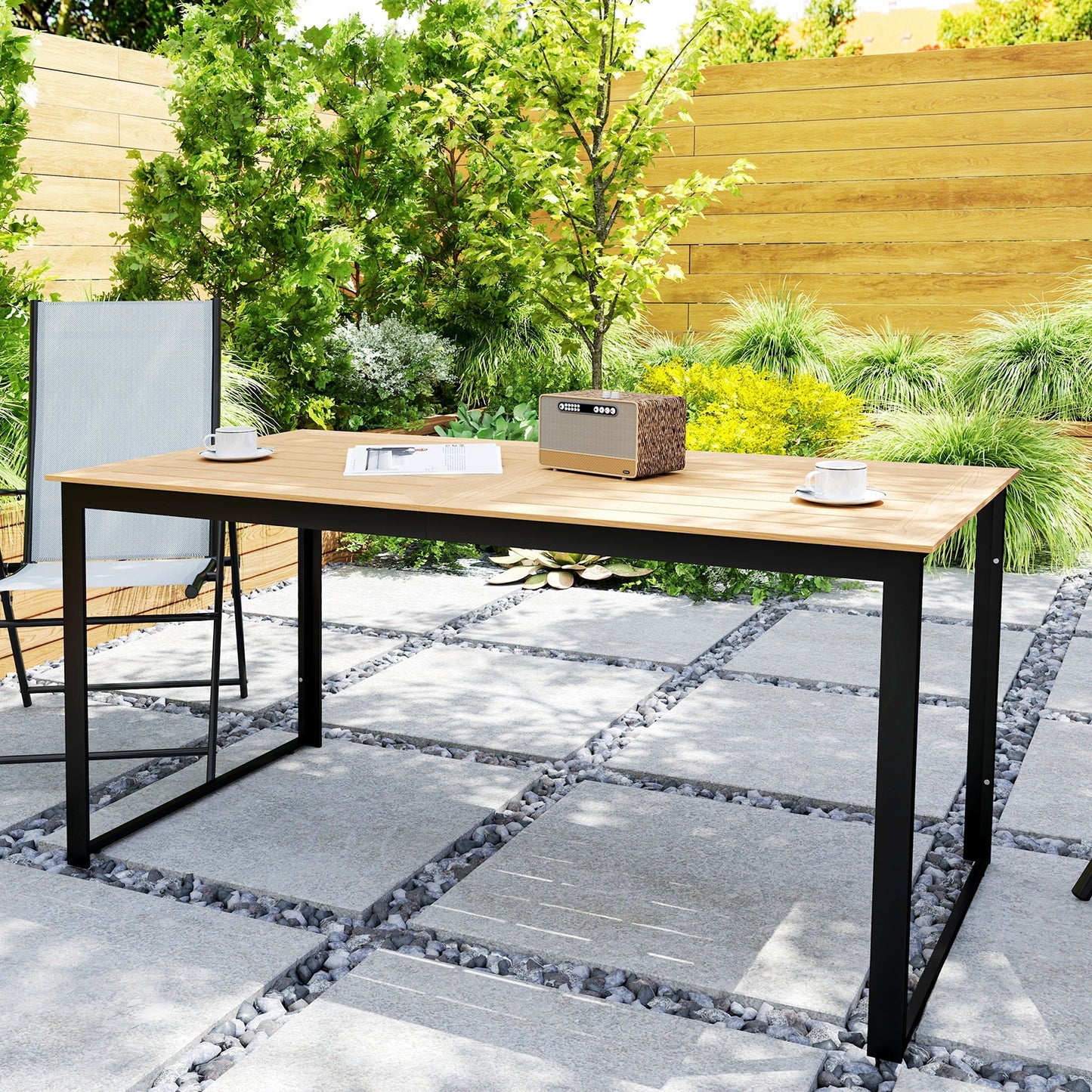 Outsunny Garden Table for 6 People, 160 x 80 x 75 cm Rectangle Outdoor Dining Table with Slatted Table Top, Metal Frame, for Balcony, Deck, Teak