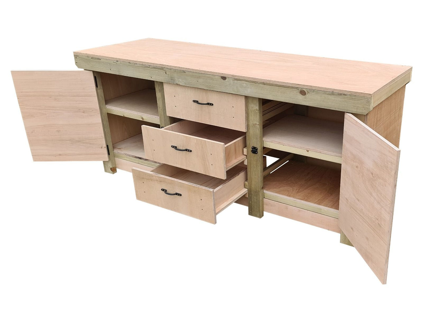 Eucalyptus top workbench with drawers and double lockable cupboard (V.8) with double shelf