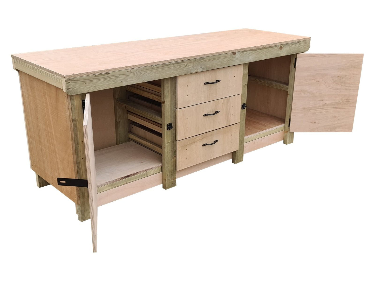 Eucalyptus top workbench with drawers and double lockable cupboard (V.8)