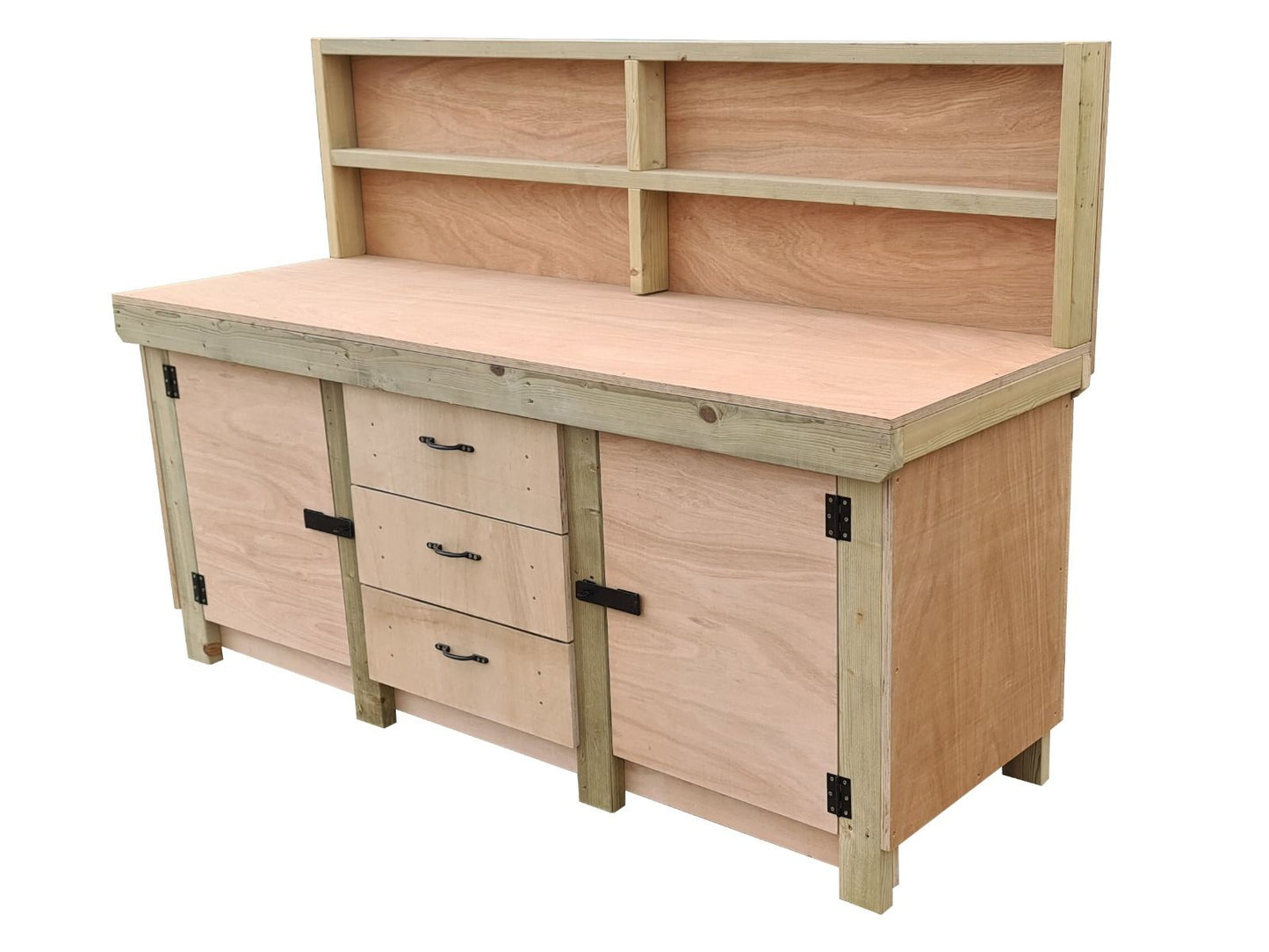 Eucalyptus top workbench with drawers and double lockable cupboard (V.8) with back panel