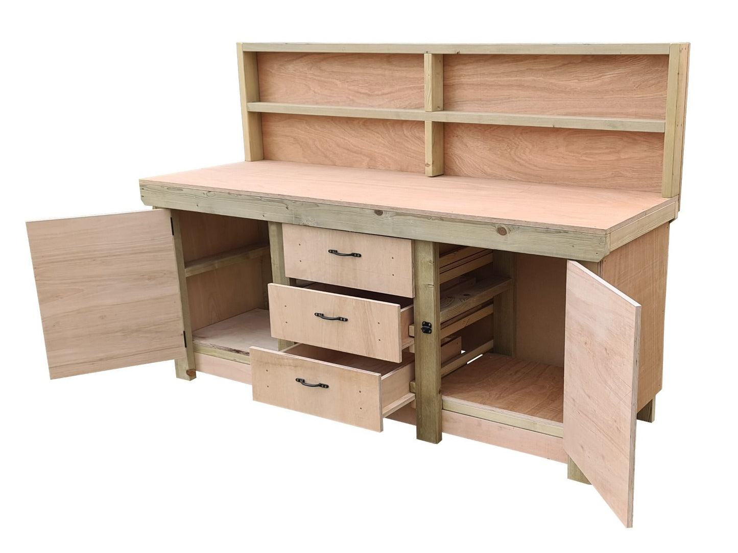 Eucalyptus top workbench with drawers and double lockable cupboard (V.8) with back panel