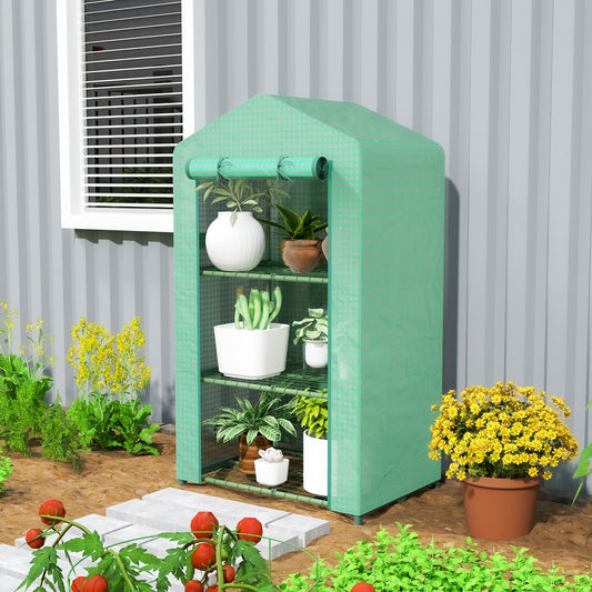 Outsunny 3 Tier Mini Greenhouse Portable Garden Grow House with Roll Up Door and Wire Shelves, 69 x 49 x 125 cm, Green