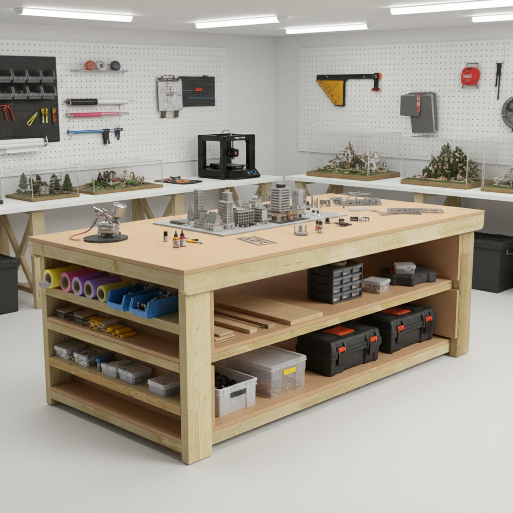 Wooden Workbench MDF Top with Extra shelving Depth-4ft With Double Shelf