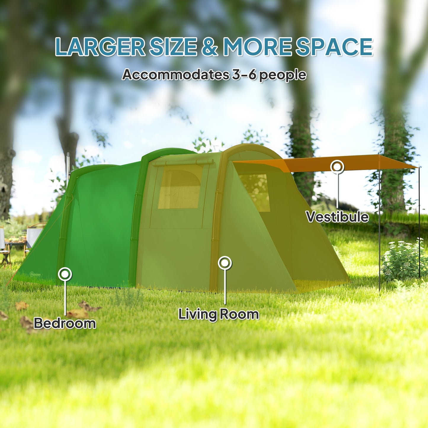 Outsunny Inflatable 3-4 Man Tunnel Tent w/ Air Pump, Living Area & Vestibule, Waterproof Family Camping Air Tent w/ Sewn In Groundsheet & Removable Footprint for Camping, Hiking, Blue
