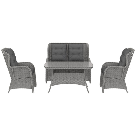Outsunny Garden PE Rattan Dining Sofa Set, Outdoor 4 Seater Wicker Furniture, High Back Chairs with Cushions, Tempered Glass Coffee Table for Patio, Light Grey