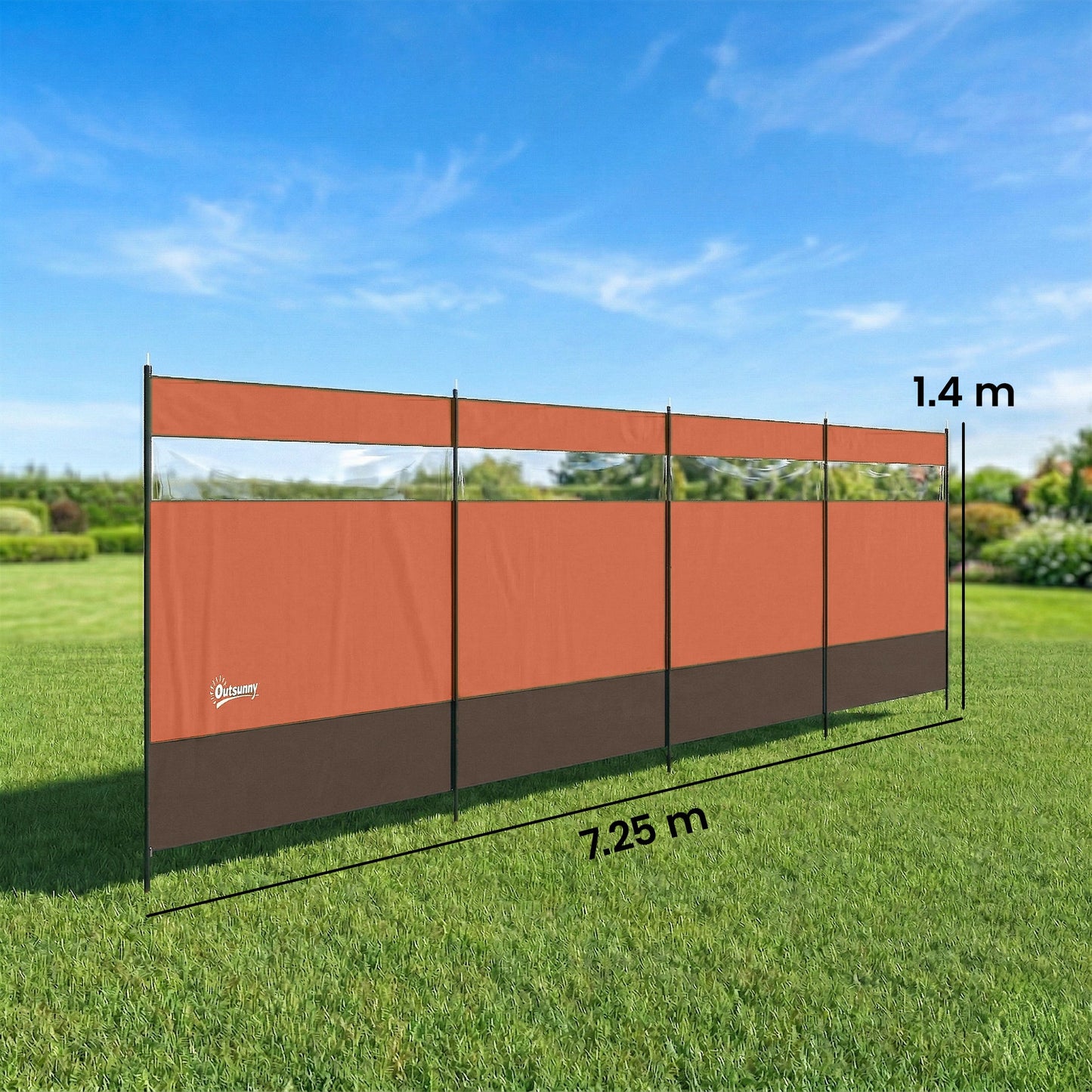 Outsunny Camping Windbreaker with Clear Windows, Carry Bag and Steel Poles, for Beach Caravan Campervan, 725 x 140cm, Orange