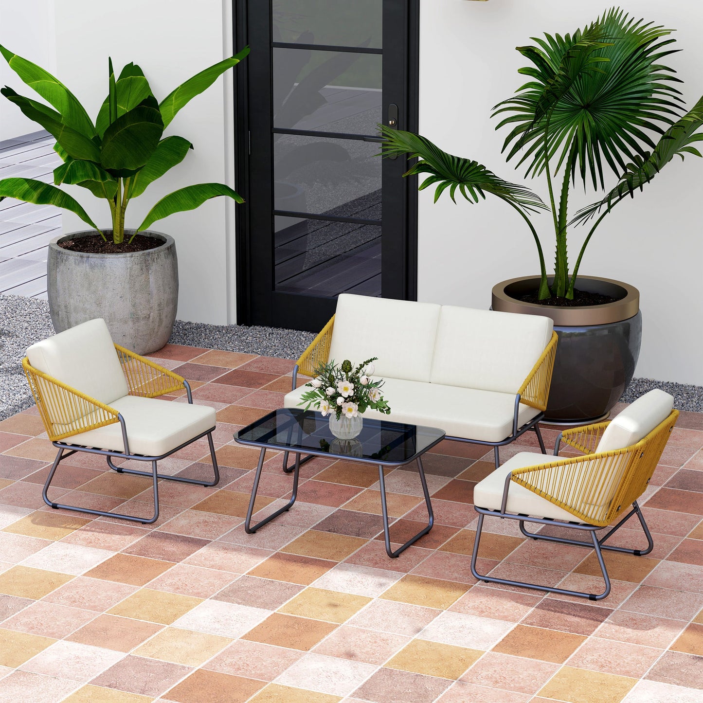 Outsunny 4 Piece Rattan Garden Furniture Set, Wicker Patio Outdoor Furniture Set with Loveseat, Armchairs, Glass Top Coffee Table and Cushions for Patio, Conservatory, Balcony, Natural Wood Finish