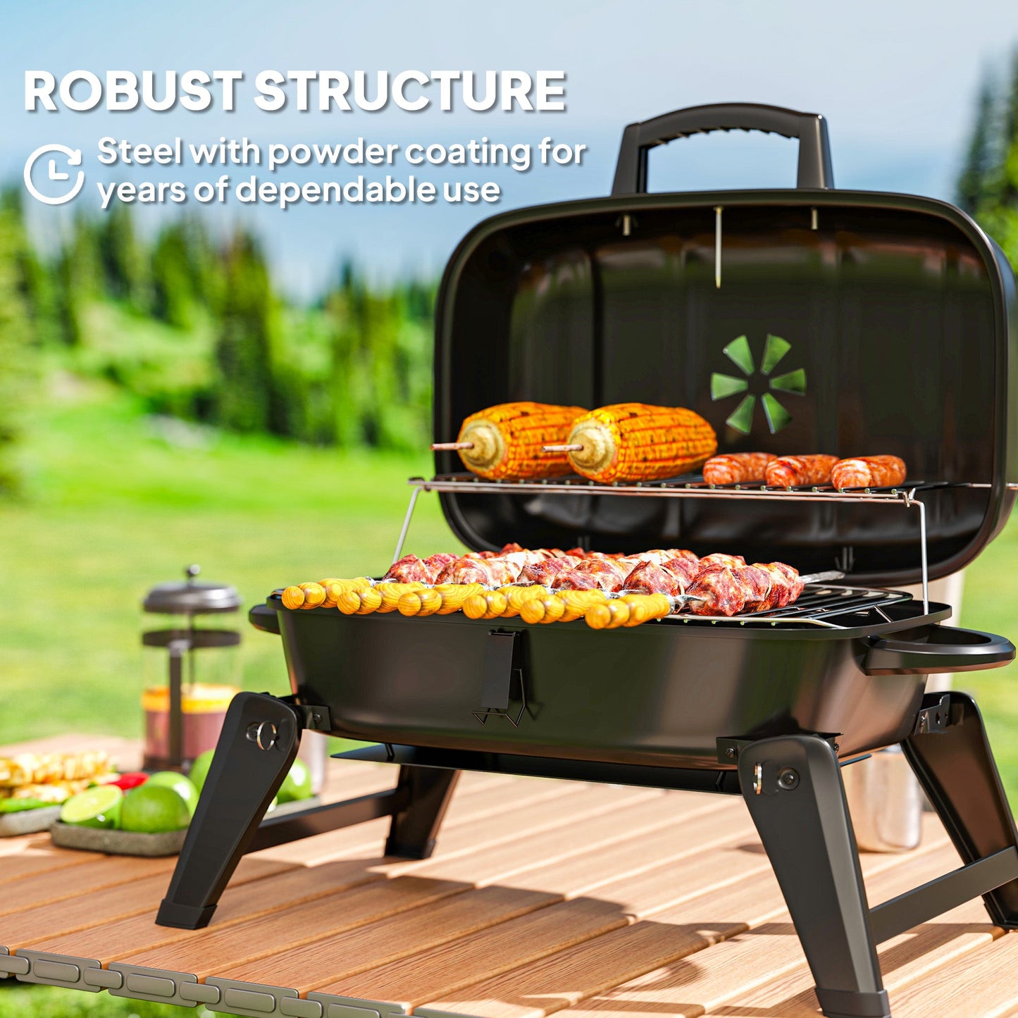 Outsunny Charcoal Barbecue Grill Folding BBQ Grill with 1232 cm² Cooking Area, Adjustable Vent, Thermometer, Handles for Camping Picnic, Black