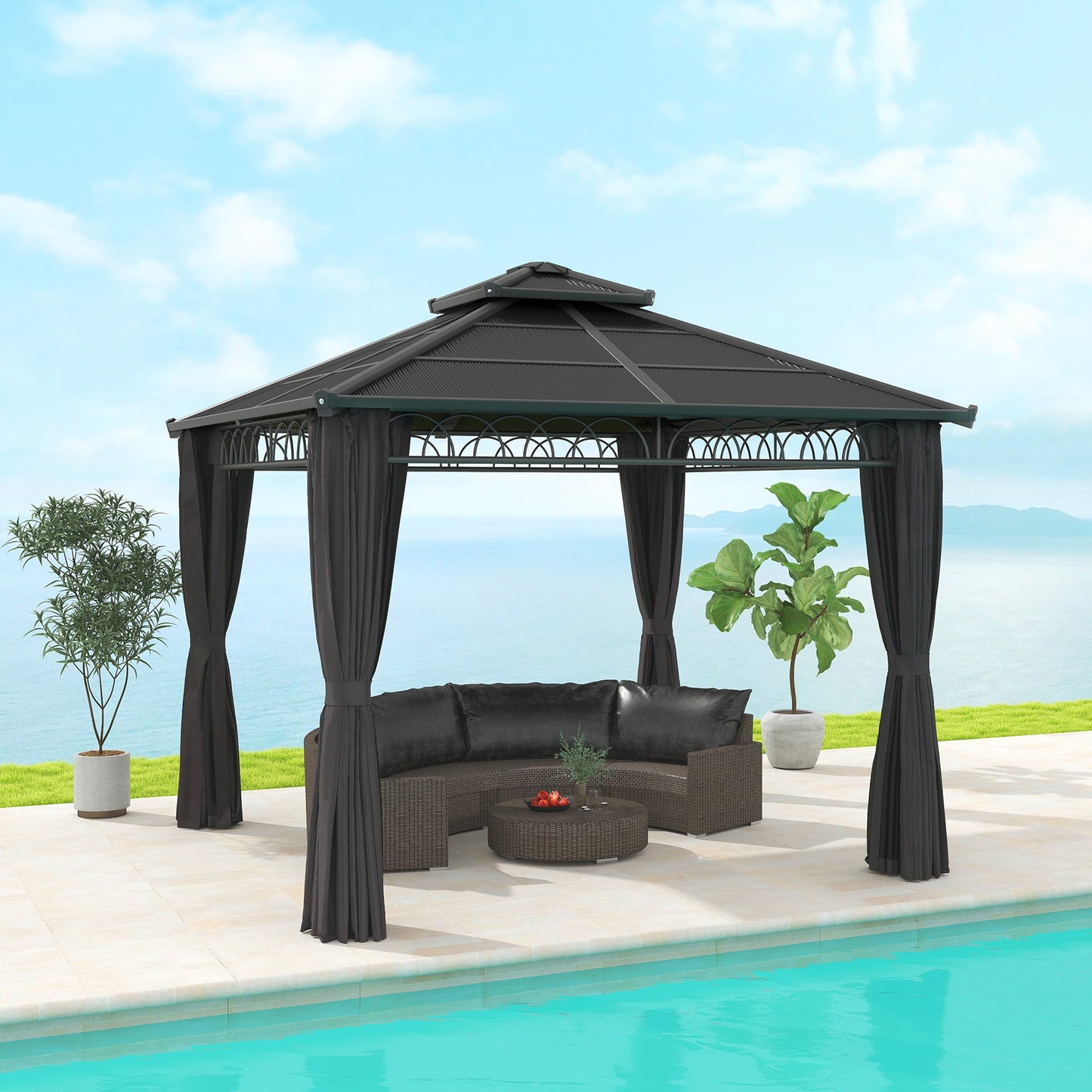 Outsunny 3 x 3 (m) Outdoor Polycarbonate Gazebo, Double\'c2\'a0Roof Hard Top Gazebo with\'c2\'a0Galvanised Steel Frame, Nettings\'c2\'a0&\'c2\'a0Curtains for Garden, Lawn, Patio and Deck, Dark Grey