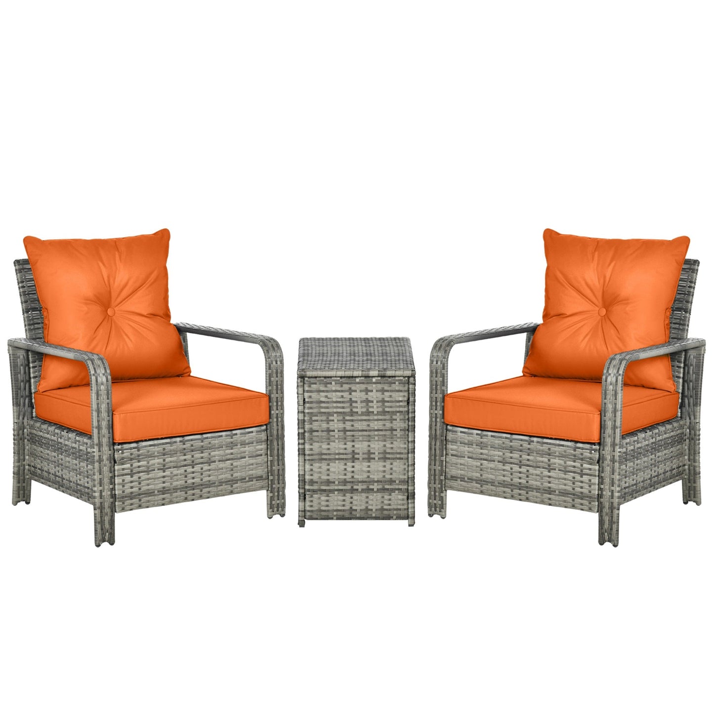 Outsunny 3 Pieces Rattan Bistro Set, Wicker Garden Furniture Set with Storage  Coffee Table and Chairs, Thickened Cushions for Outdoor, Patio, Balcony, Orange