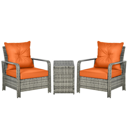 Outsunny 3 Pieces Rattan Bistro Set, Wicker Garden Furniture Set with Storage  Coffee Table and Chairs, Thickened Cushions for Outdoor, Patio, Balcony, Orange