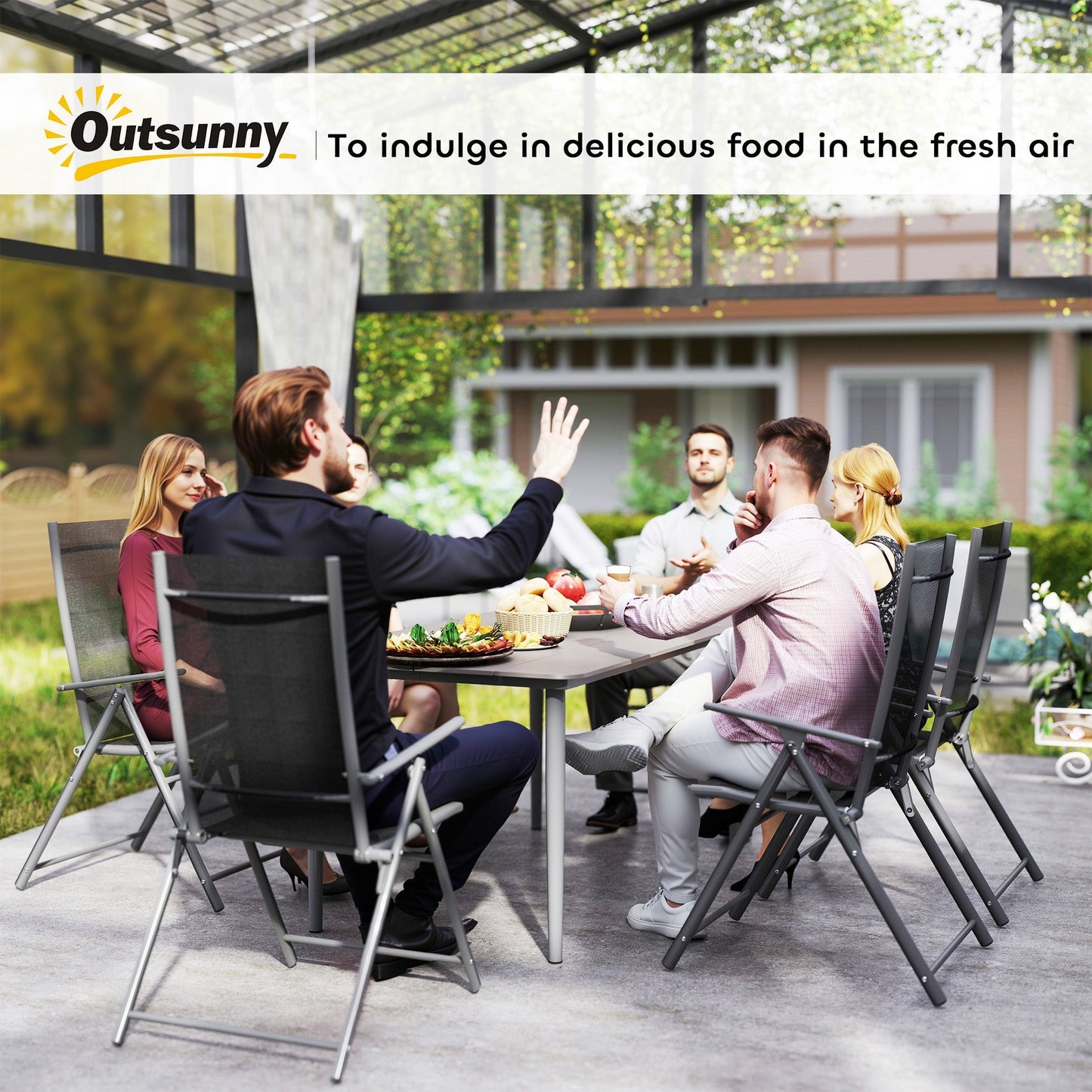 Outsunny Garden Table, Outdoor Dining Table for 6 People, 160 x 90 x 74 cm, with Rust Resistant Metal Frame, WPC Top, for Balcony, Terrace, Dark Grey