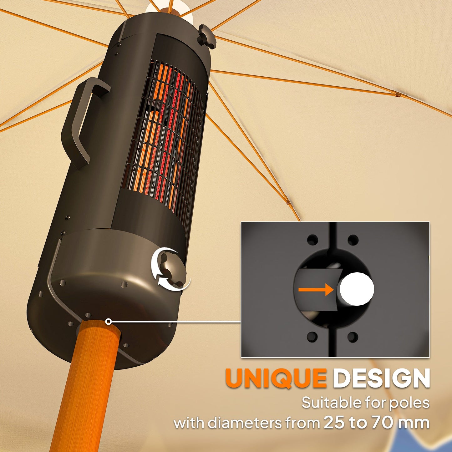 Outsunny Electric Umbrella Parasol Mounted Patio Heater for 25-70 mm Poles, 2000 W Outdoor Garden Heater with 2 Heat Setting, 6 ㎡ Coverage, Tip-Over Protection, Black