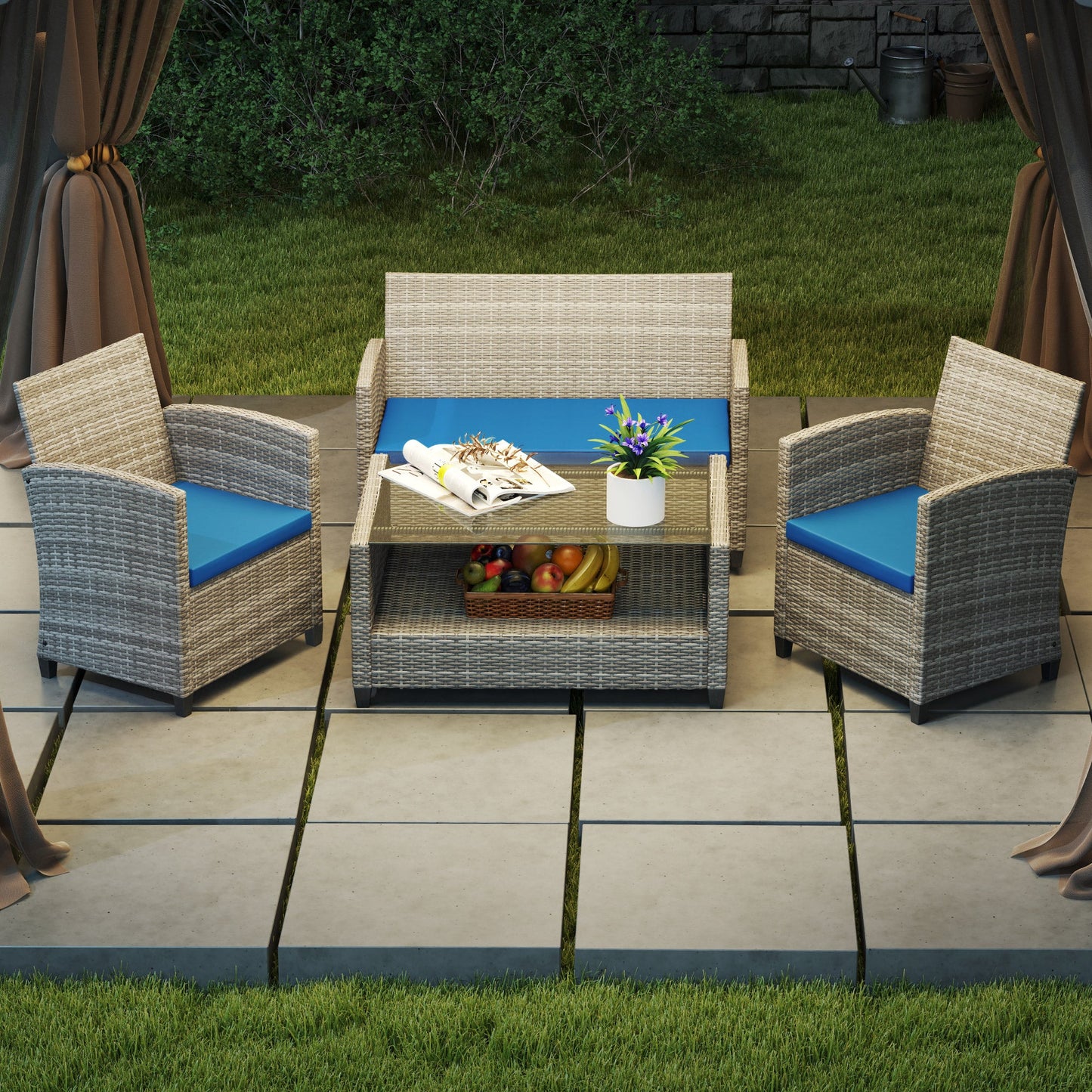 Outsunny Outdoor Seat Cushion Pads for Rattan Furniture, 3 PCs Garden Furniture Cushions,  Sky Blue