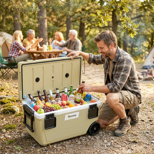 Outsunny 70L Insulated Cool Box with Wheels, Portable Ice Cooler with Handle, Lid and Drain Valve, Khaki