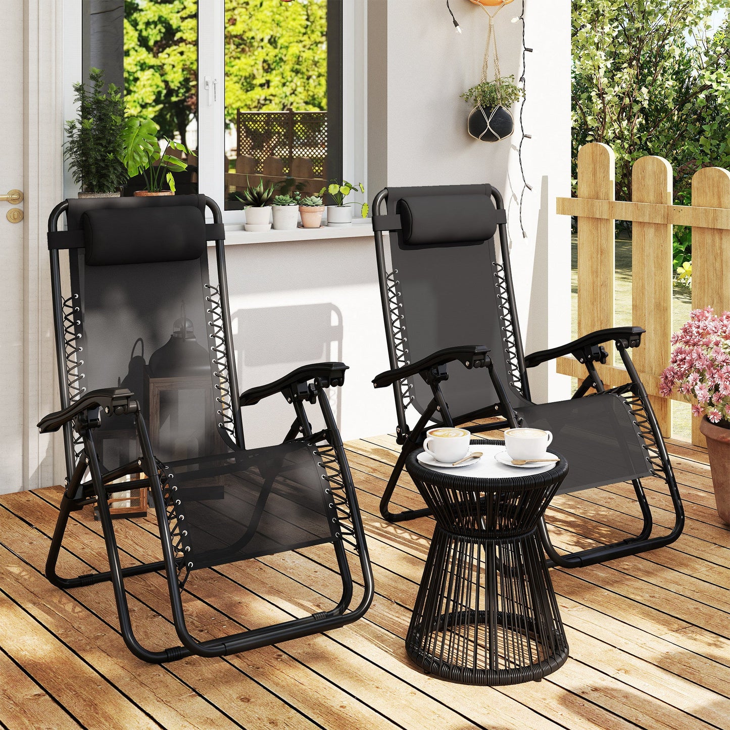 Outsunny Zero Gravity Chair Set of 2, Metal Frame Texteline Armchair Outdoor Folding and Reclining Sun Lounger with Head Pillow for Patio Decking Gardens Camping, Black