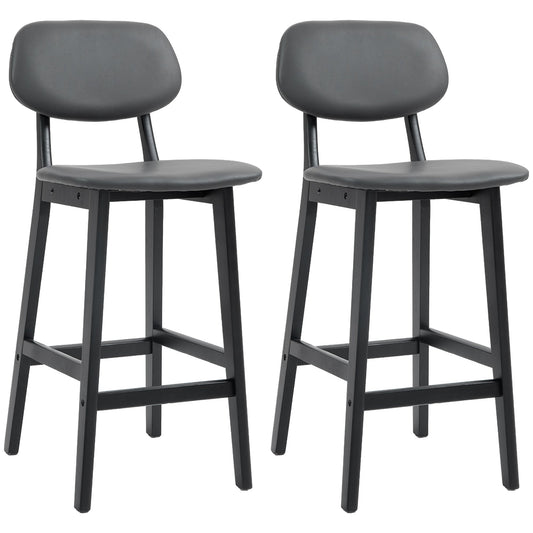 HOMCOM Bar Stools Set of 2, Contemporary Breakfast Bar Chairs, Faux Leather Upholstered Kitchen Stools with Backs and  Solid Wood Legs, Dark Grey
