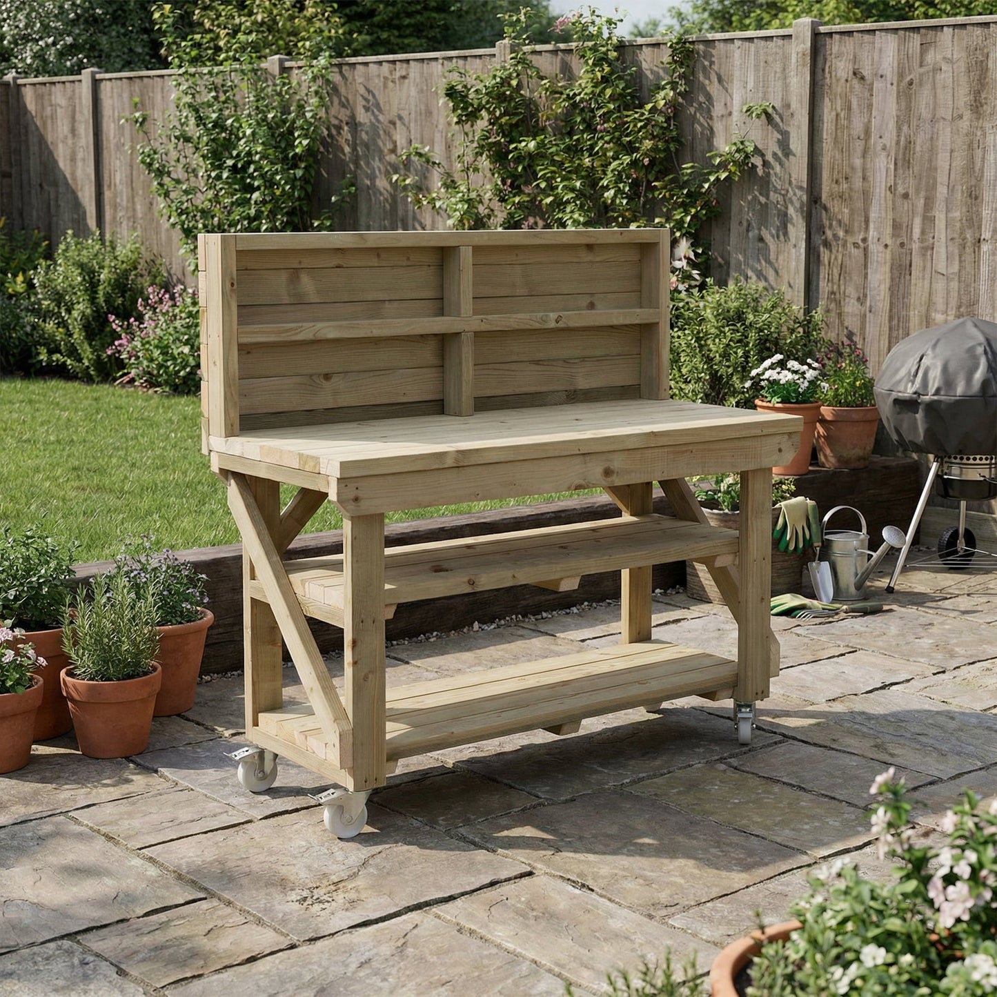 Indoor/outdoor workbench, pressure treated bench with back panel, double shelf and wheels