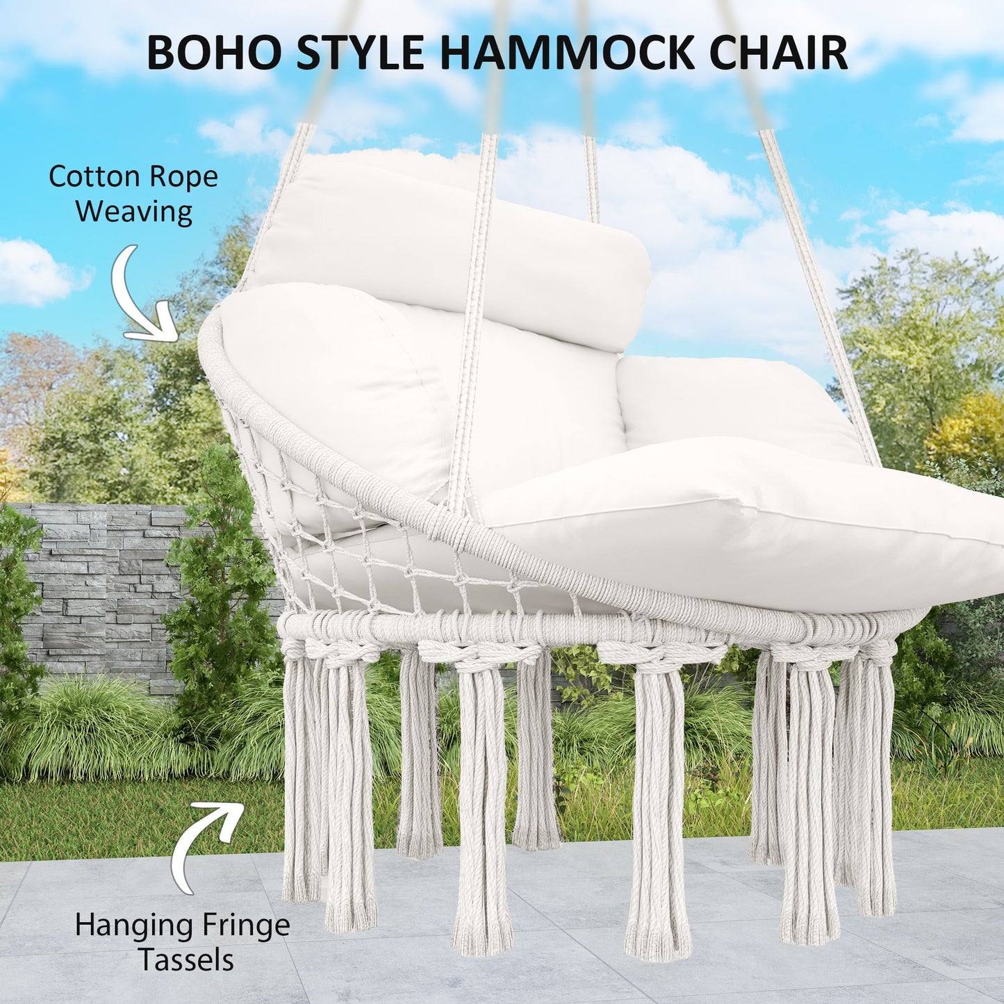 Outsunny Hanging Chair Outdoor Hammock Chair with Soft Cushion, Cotton Rope Boho Style Swing Chair, Hanging Garden Swing Seat for Indoor Outdoor, Cream White