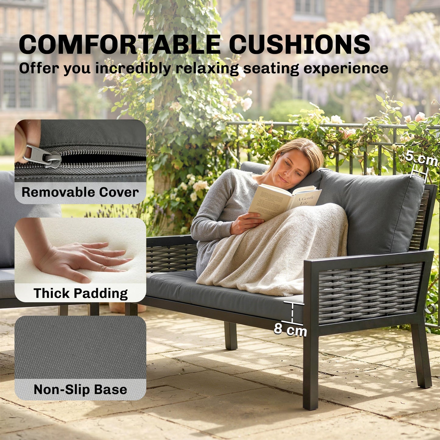 Outsunny 4 Seater Rattan Garden Furniture Set with 2 Armchairs, Loveseat, Coffee Table, Garden Sofa Set with Cushions, Dark Grey