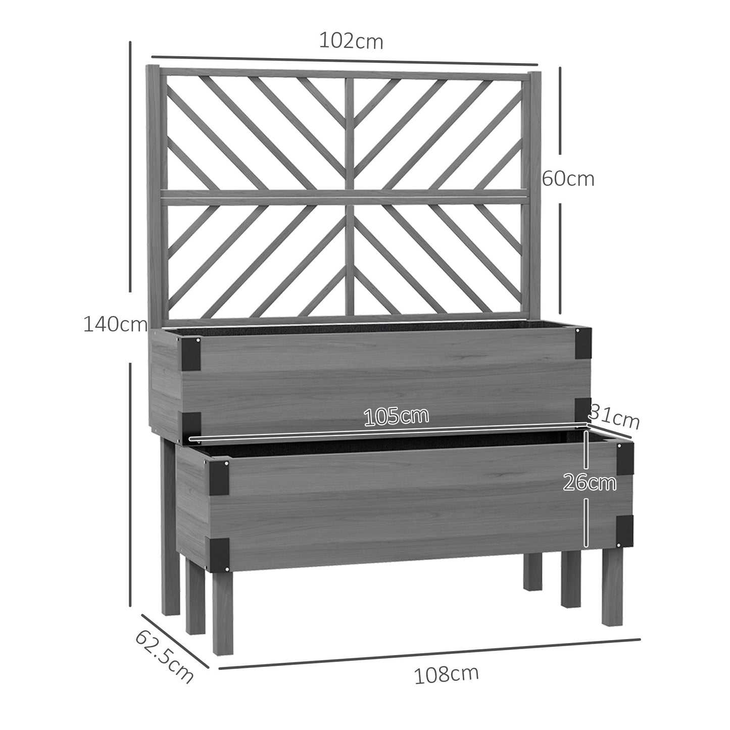 Outsunny Raised Garden Bed with Trellis, 2-Tier Wooden Elevated Planter Box  for Vegetables, Flowers, Herbs, Grey