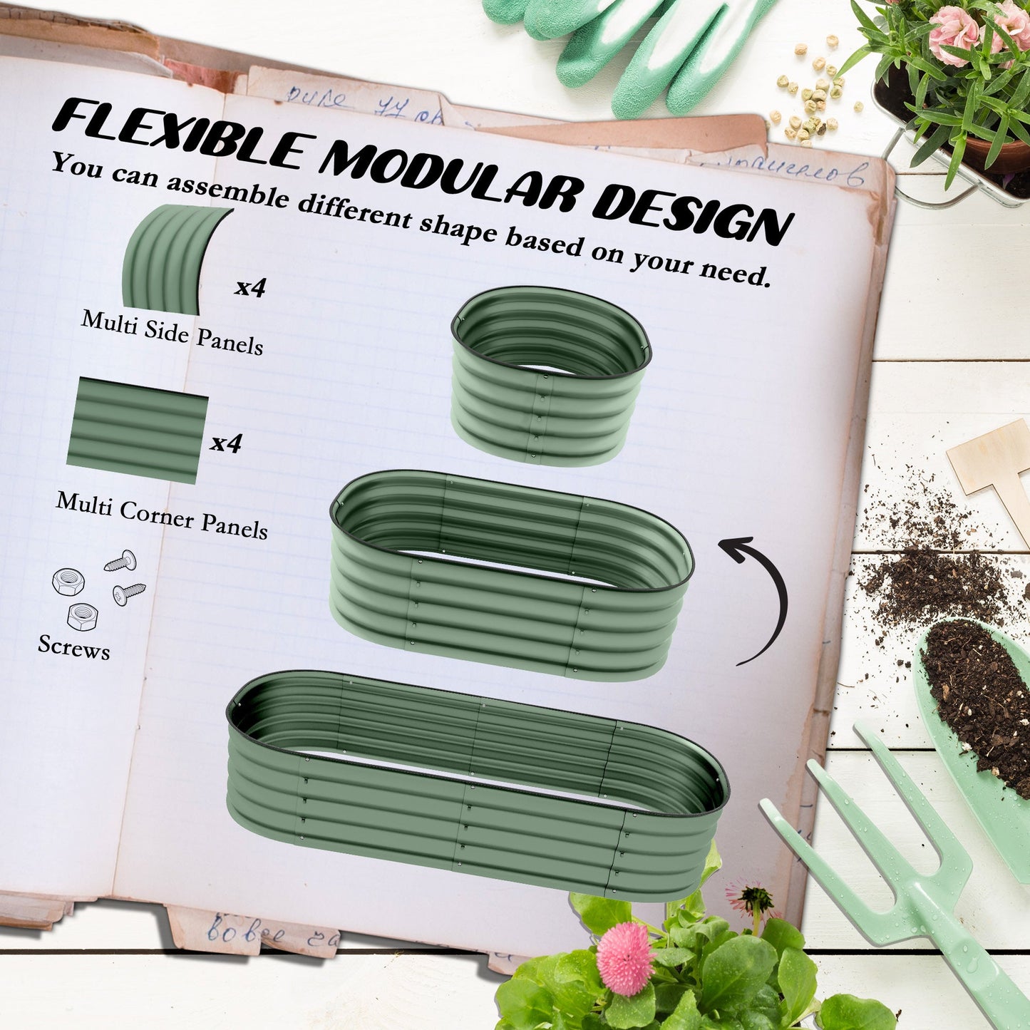 Outsunny Galvanised Raised Garden Bed, Metal Planter Box with Safety Edging, for Flowers, Herbs, Succulents, Pack of 2, Green